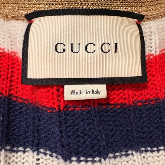 GUCCI Pearl Button, Red/White/Navy Cashmere Wool Cardigan - Picture 6 of 7